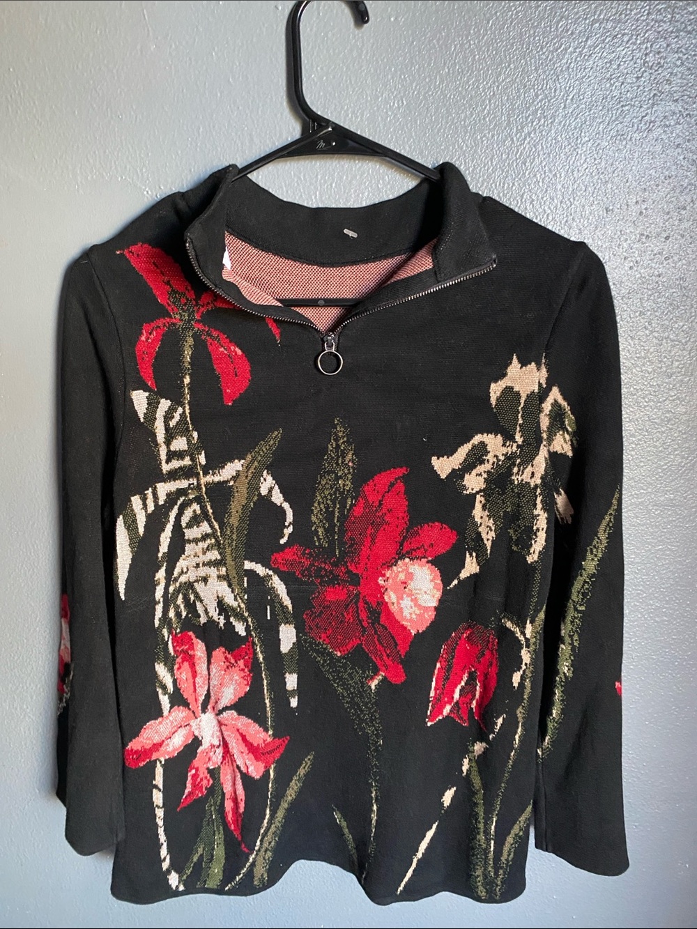 Chico's Black Zip-Front Sweater with Red Floral Accents